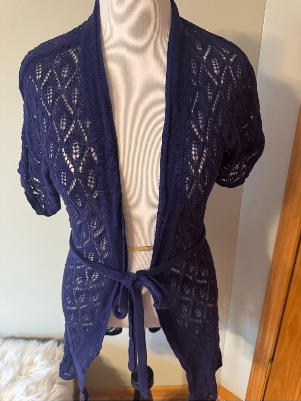 Outback Red Navy Open-Knit Short-Sleeve Cardigan with Tie